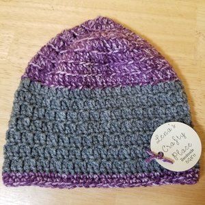 Adult Teen Beanie Grey Purple Heather Crochet Cable Knit Winter Watch Cap Hat